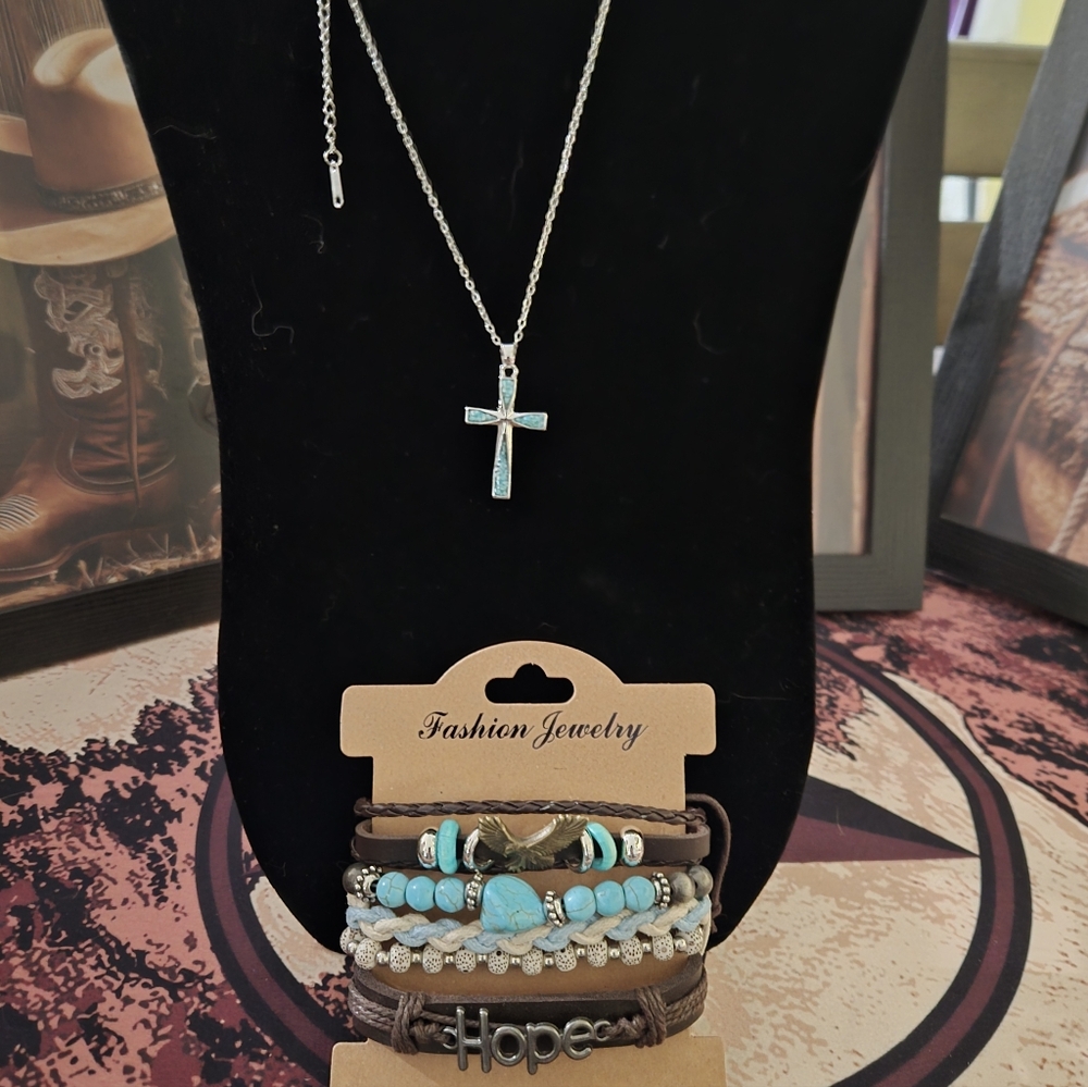 Turquoise Cross Necklace w/ Silver Chain & Set Of 6 Leather Bracelets A15